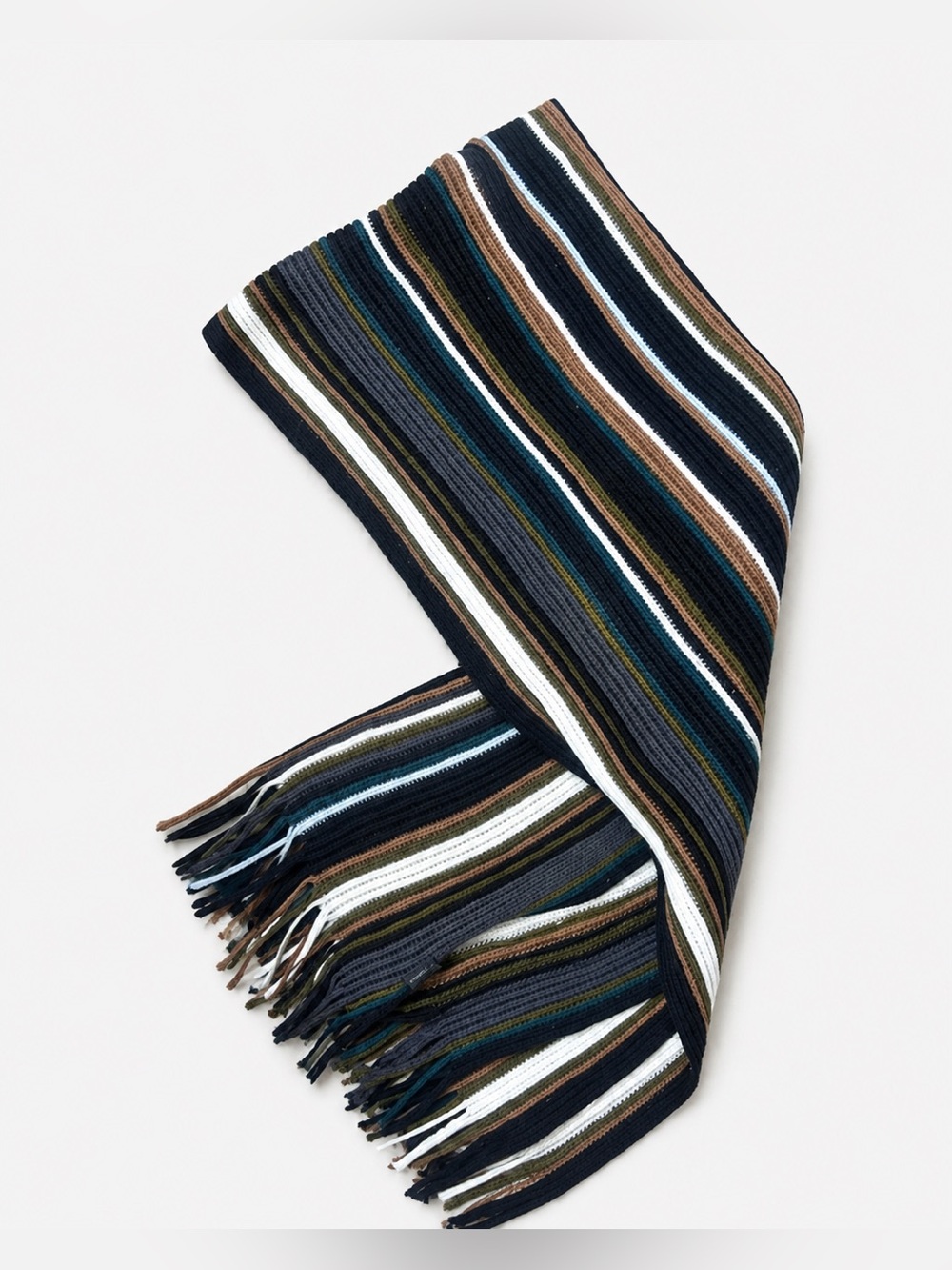Men’s Multi-Stripe Rib Knit Scarf Soft Acrylic Winter Fringe Scarf Earth Tones